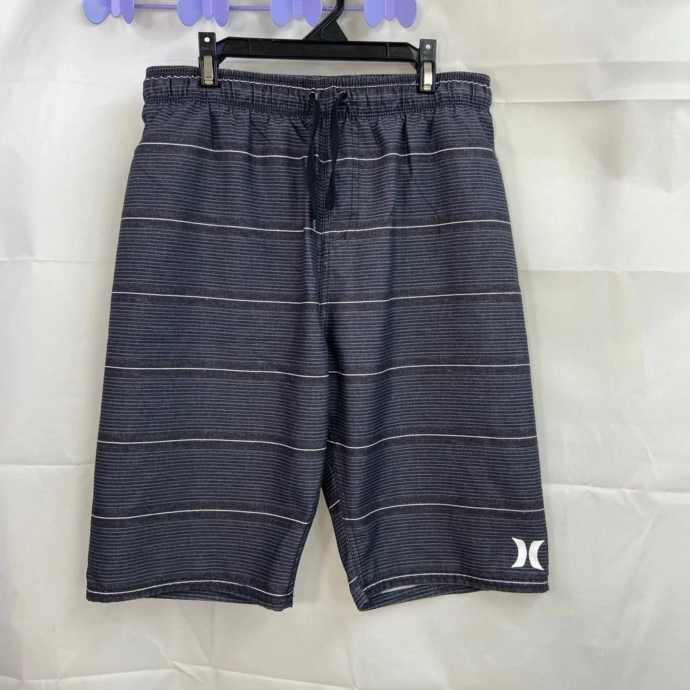 Hurley youth boy's gray black striped pocket drawstring lined swimsuit trunks XL